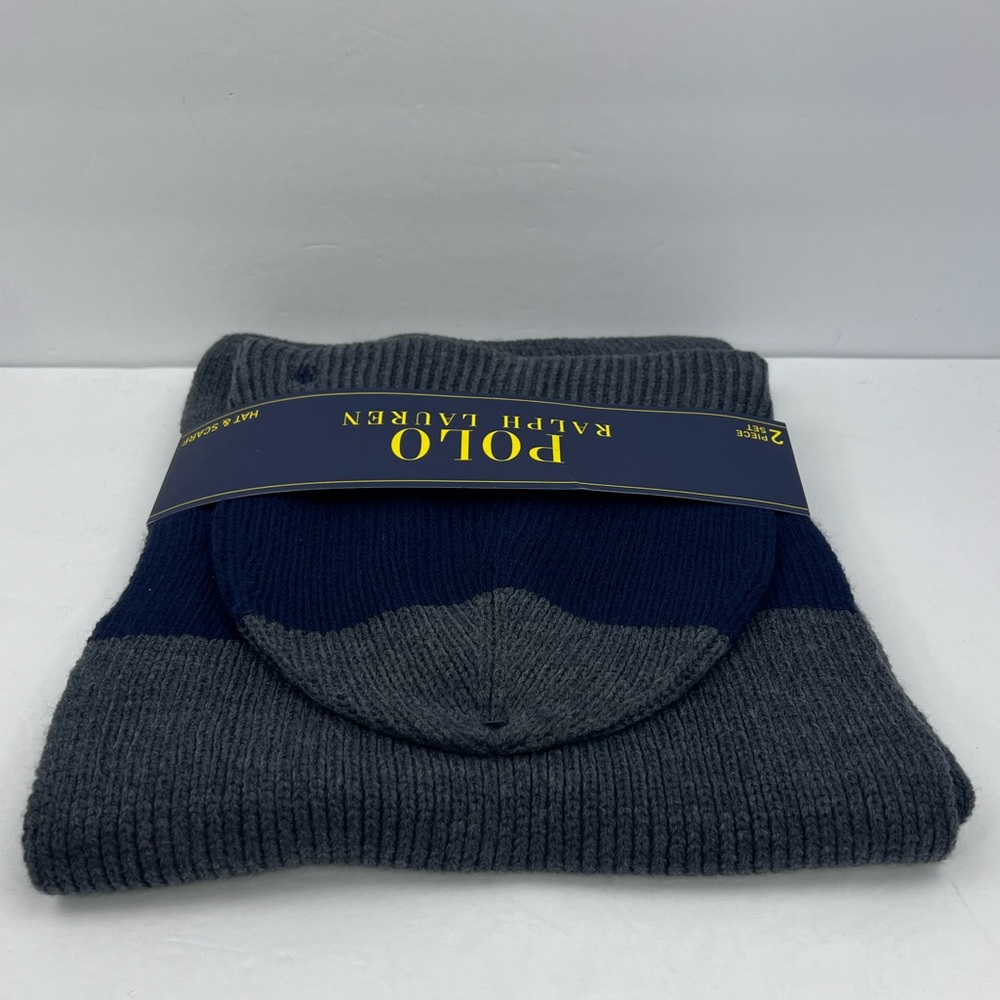 POLO RALPH LAUREN GREY AND NAVY BLUE BEANIE WITH MATCHING SCARF, UNISEX - Picture 6 of 14